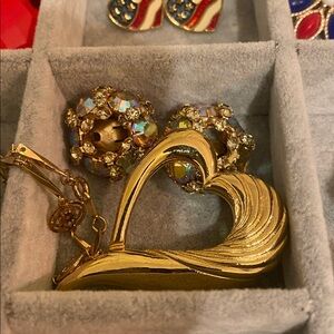 Aurora borealis Clip Ons, Heart Brooch, Avon Bracelet